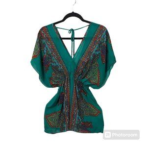 *Estam Green Paisley V-Neck Sheer Blouse Hippie Peasant Boho Bohemian Y2K Flowy